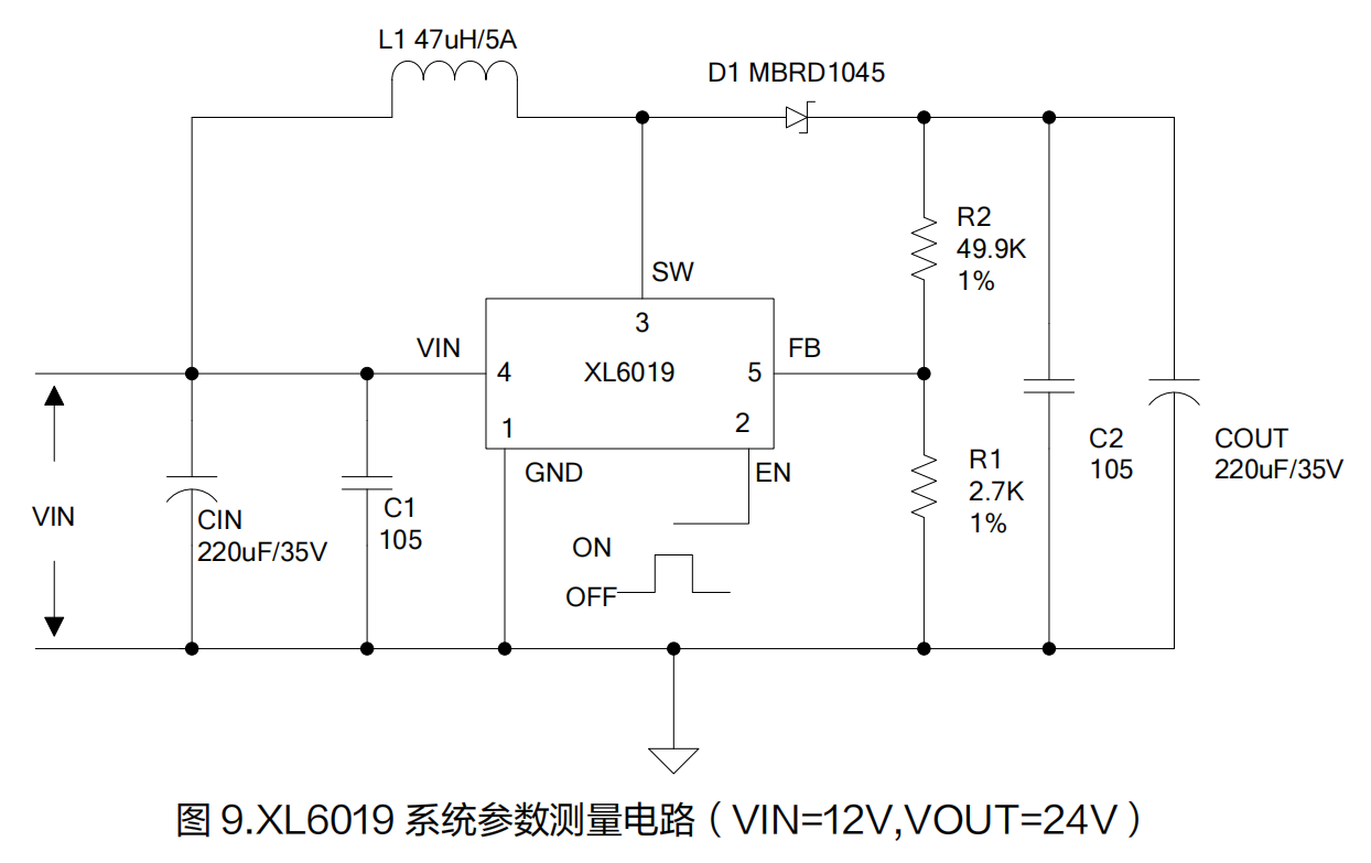 XL6019 Boost升压典型原理图，12V输入24V输出，搭配47uH电感MBRD1045肖特基