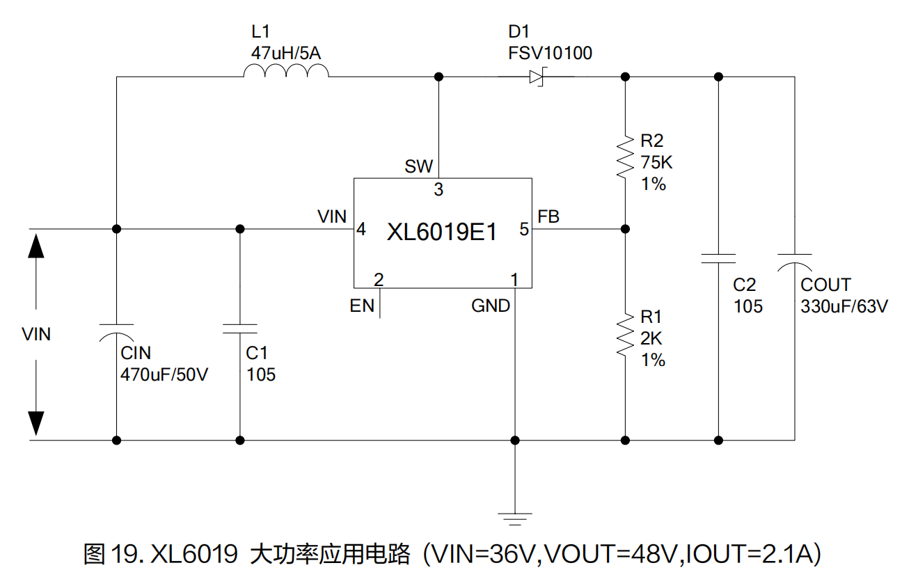 XL6019 36V转48V大功率升压原理图，最大输出2.1A