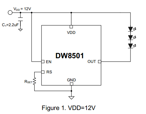 DW8501典型应用电路 DW8501 典型应用电路图:PWM 调光接法,EN 脚接入 PWM 信号,RS 电阻设定电流