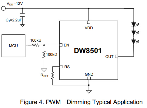 DW8501汽车灯驱动电路图 DW8501 汽车灯驱动电路图:输入 12V/24V,多颗 LED 串联,PWM 调光实现无级亮度调节