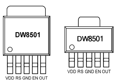 DW8501引脚图 DW8501 TO252-5L 引脚图:PIN1-VDD(电源输入), PIN2-RS(电流设定), PIN3-GND(地), PIN4-EN(使能/PWM调光), PIN5-OUT(LED恒流输出), PIN6-HS(散热端,通常接地)